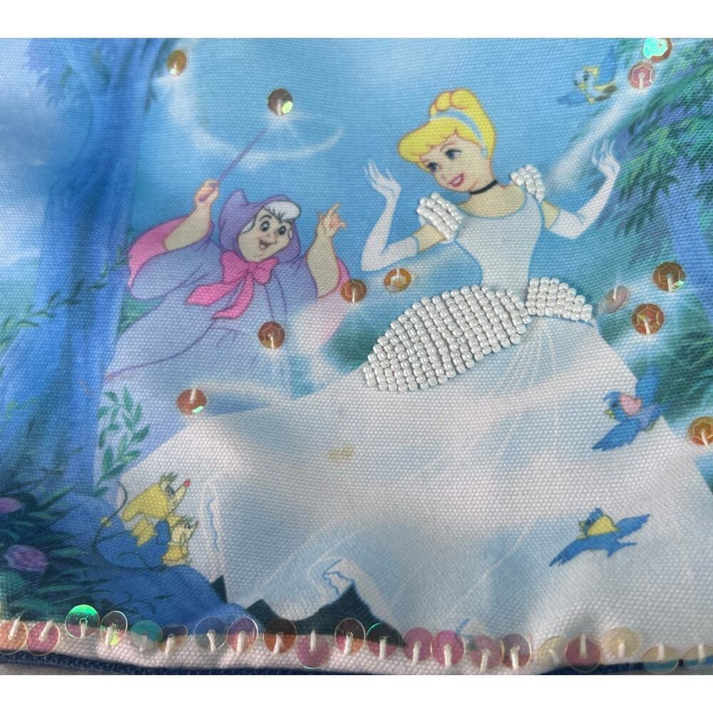 Disney Cinderell & Fairy God Mother Beaded Sequin Blue Canvas Tote Bag - Picture 2 of 12